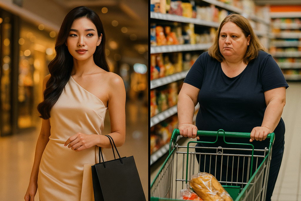 Contrast between a stylish Thai woman and a casually dressed UK woman