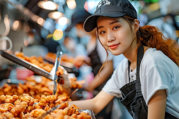 young asian street vendor smiling at camera