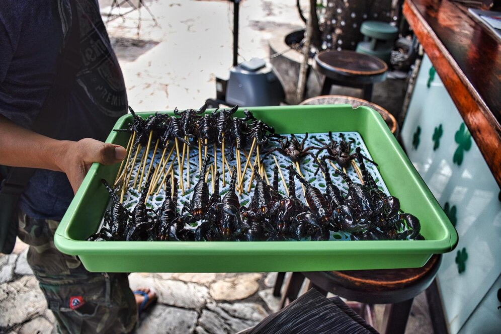 local man selling fried scorpions khao san road